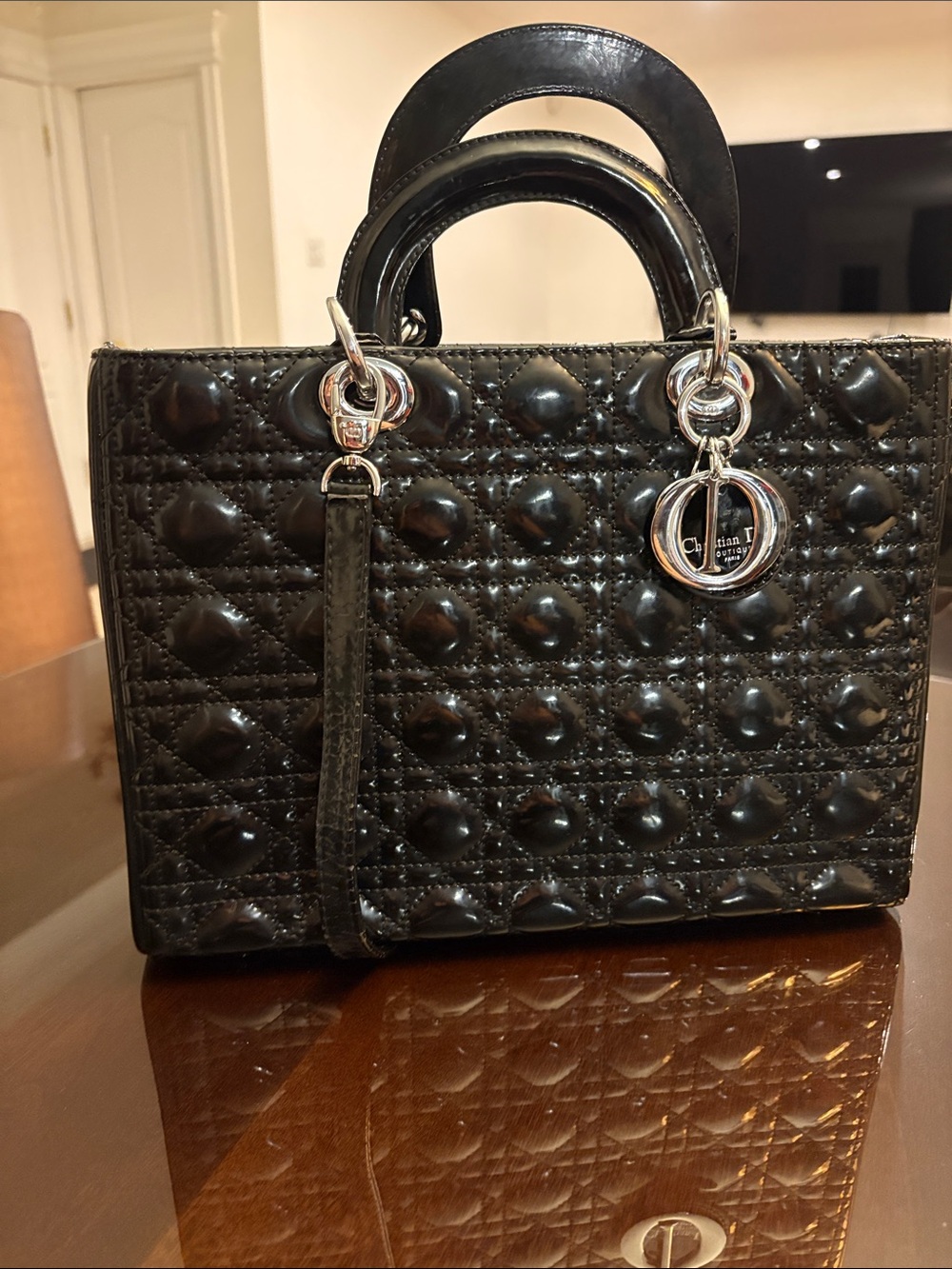 Lady Dior inspired bag. Black patent leather.